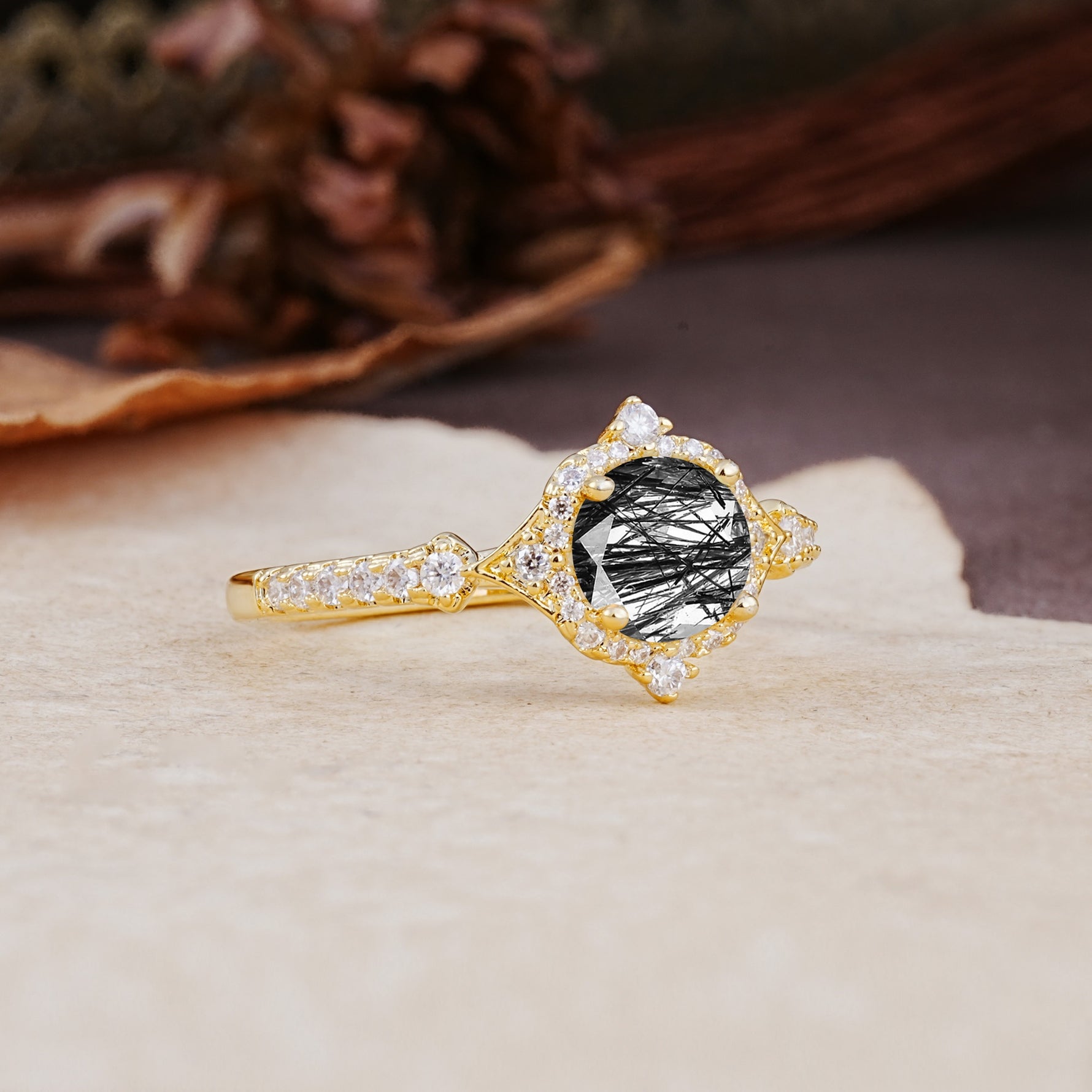 Luxurious Vintage 4-Prong Round Cut Black Rutilated Quartz Engagement Ring - Additional view