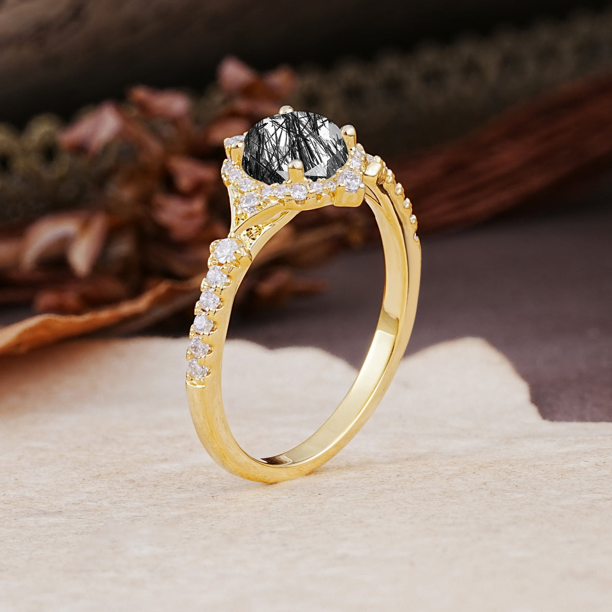 Luxurious Vintage 4-Prong Round Cut Black Rutilated Quartz Engagement Ring - Additional view