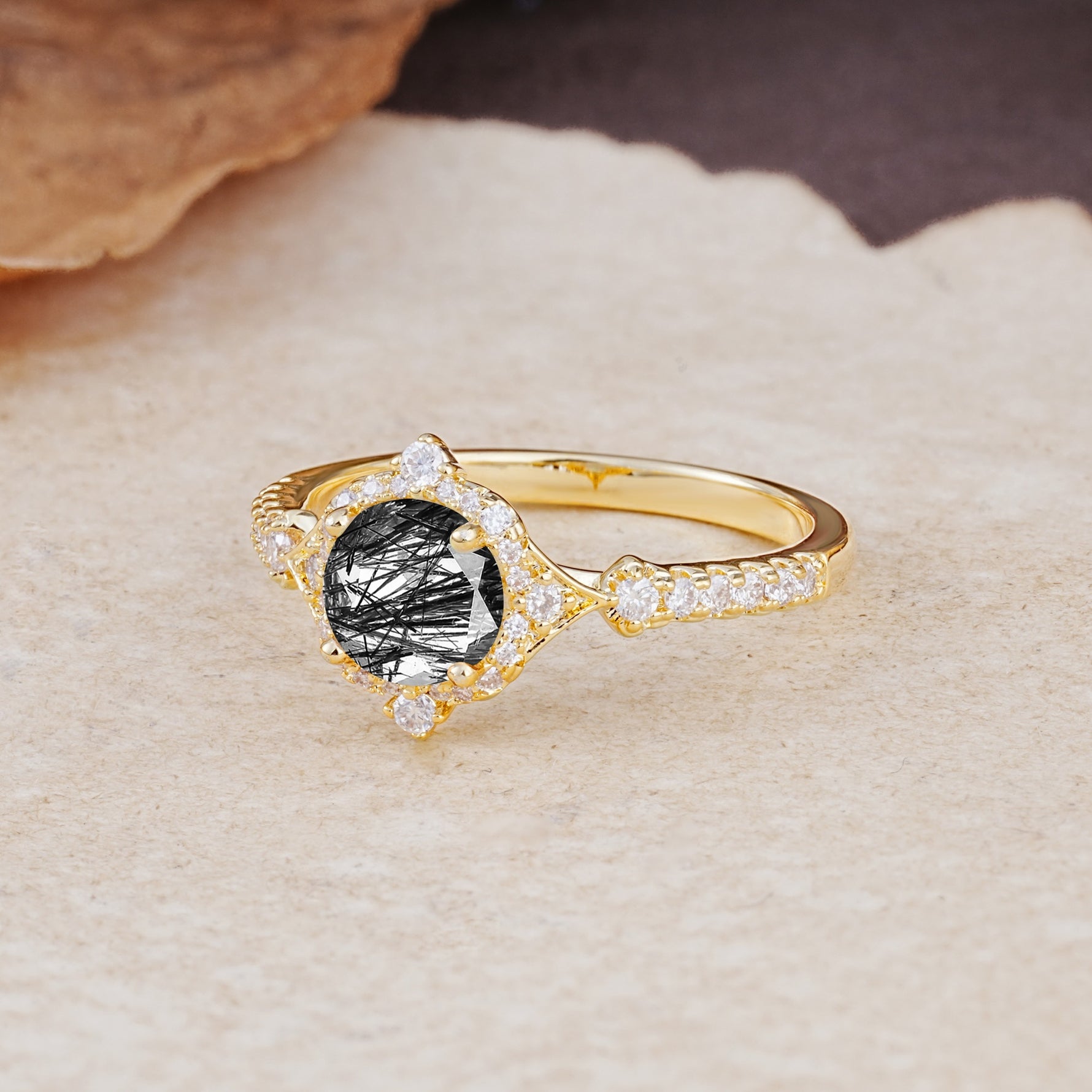 Luxurious Vintage 4-Prong Round Cut Black Rutilated Quartz Engagement Ring - Additional view