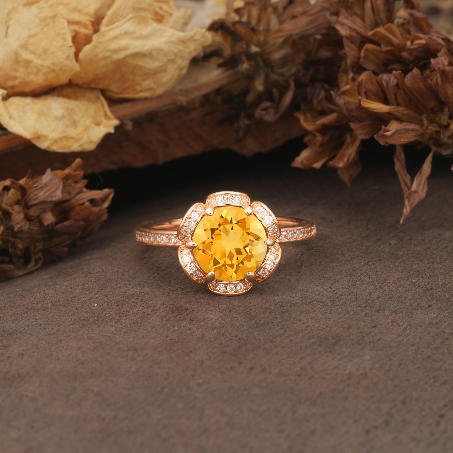 Nature-Inspired, Luxurious Floral Design, 6-Prong Round Cut Citrine Engagement Ring - Additional view