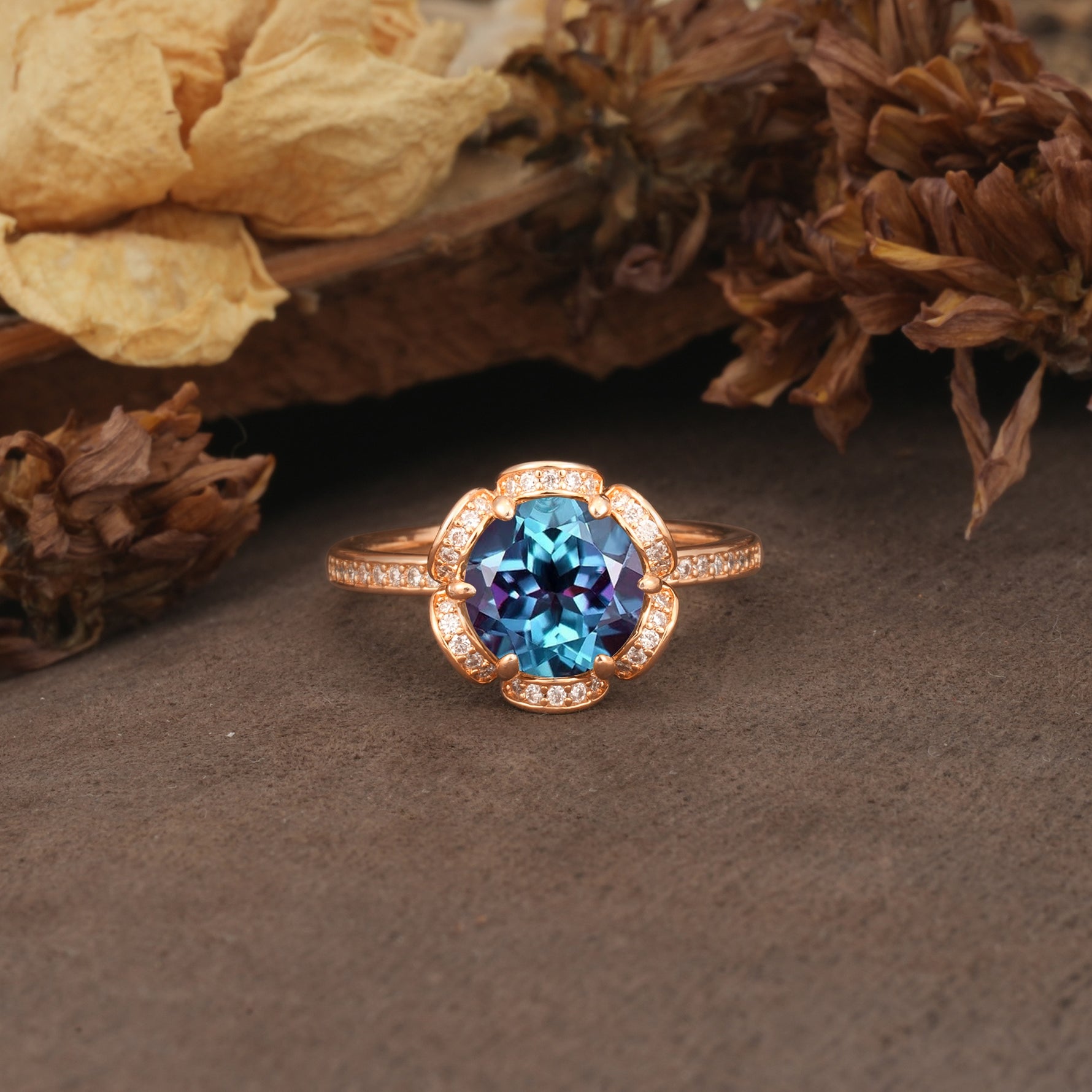 Nature-Inspired, Luxurious Floral Design, 6-Prong Round Cut Alexandrite Engagement Ring - Additional view
