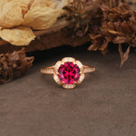Nature-Inspired, Luxurious Floral Design, 6-Prong Round Cut Ruby Engagement Ring - Additional view