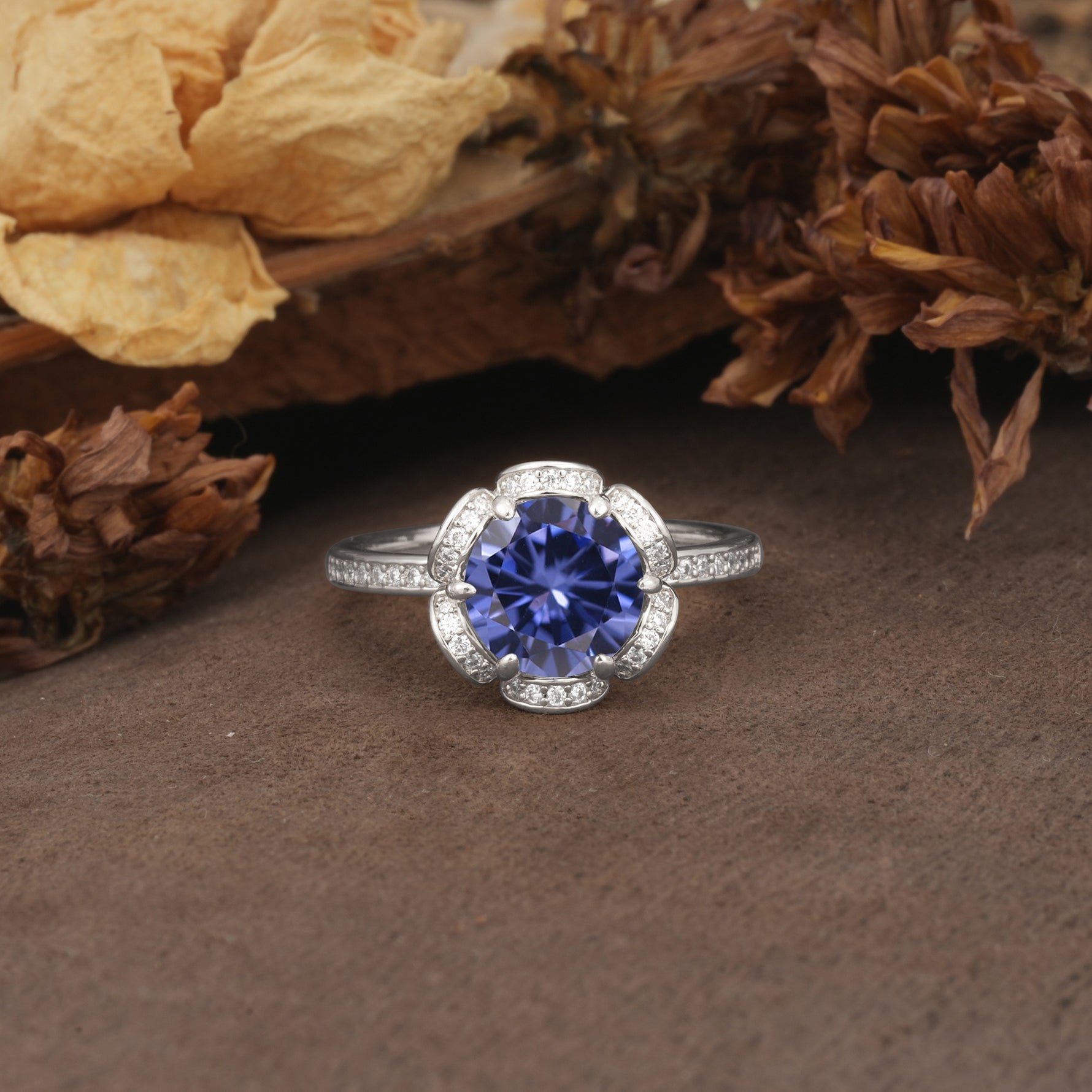 Nature-Inspired, Luxurious Floral Design, 6-Prong Round Cut Tanzanite Engagement Ring - Additional view