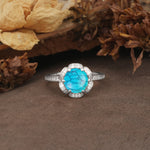Nature-Inspired, Luxurious Floral Design, 6-Prong Round Cut Turquoise Engagement Ring - Additional view