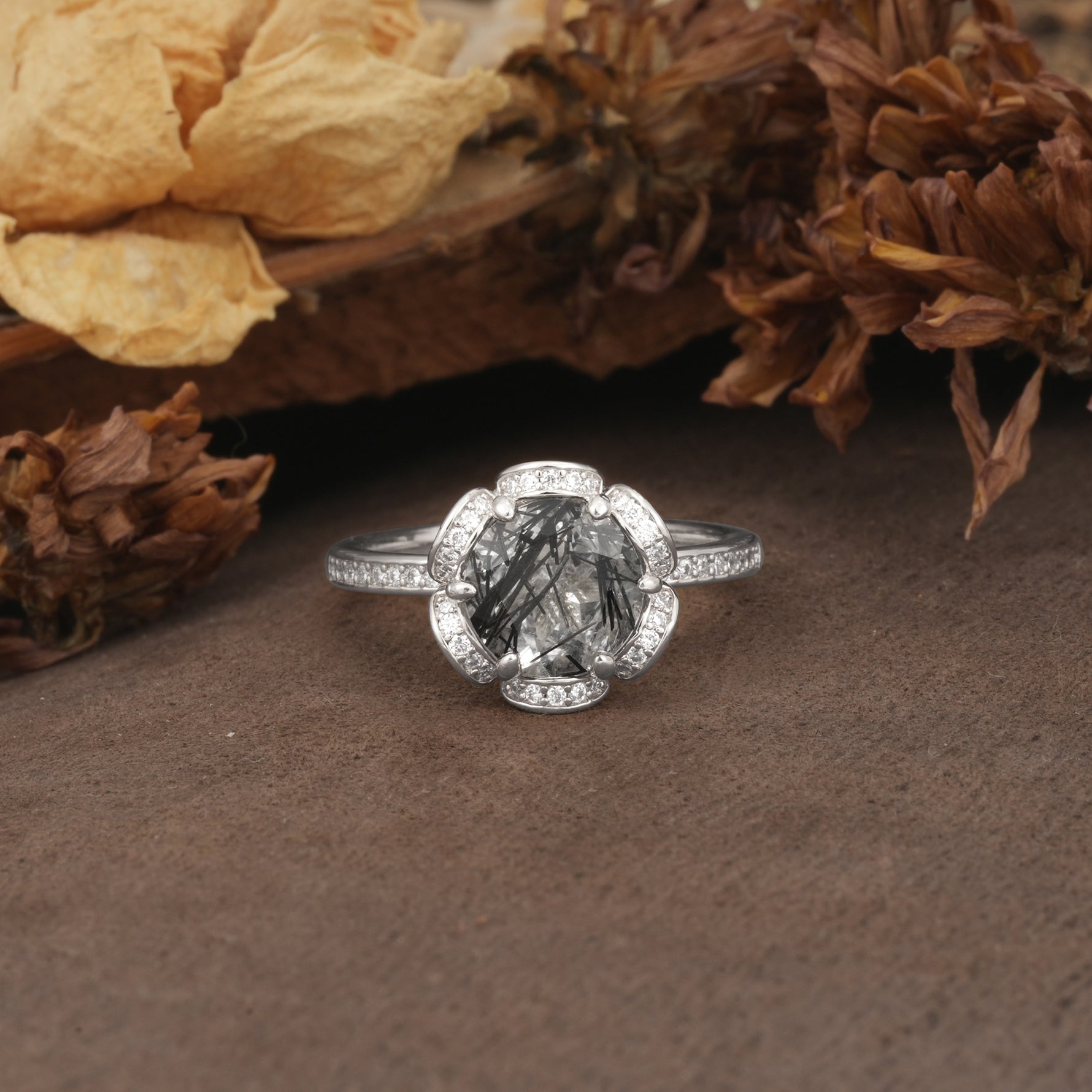Nature-Inspired, Luxurious Floral Design, 6-Prong Round Cut Black Rutilated Quartz Engagement Ring - Additional view