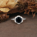 Nature-Inspired, Luxurious Floral Design, 6-Prong Round Cut Black Onyx Engagement Ring - Additional view
