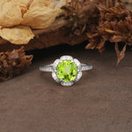 Nature-Inspired, Luxurious Floral Design, 6-Prong Round Cut Peridot Engagement Ring - Additional view