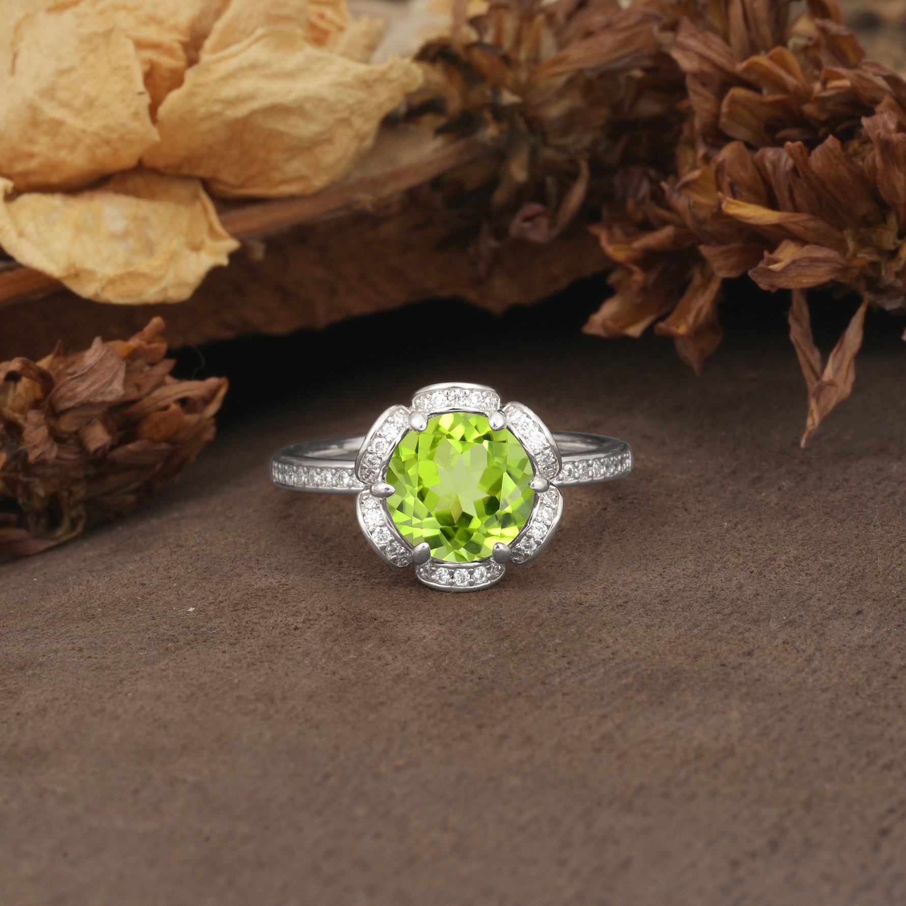 Nature-Inspired, Luxurious Floral Design, 6-Prong Round Cut Peridot Engagement Ring - Additional view