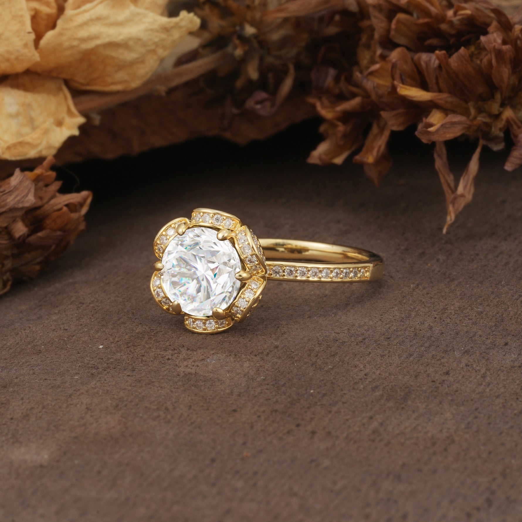 Nature-Inspired, Luxurious Floral Design, 6-Prong Round Cut Moissanite Engagement Ring - Additional view