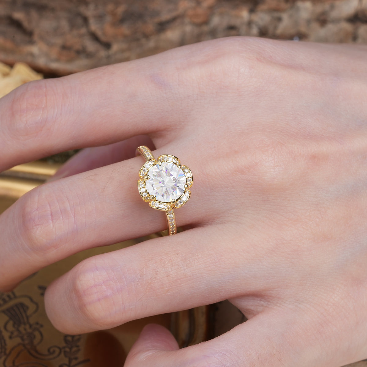 Nature-Inspired, Luxurious Floral Design, 6-Prong Round Cut Moissanite Engagement Ring - Additional view