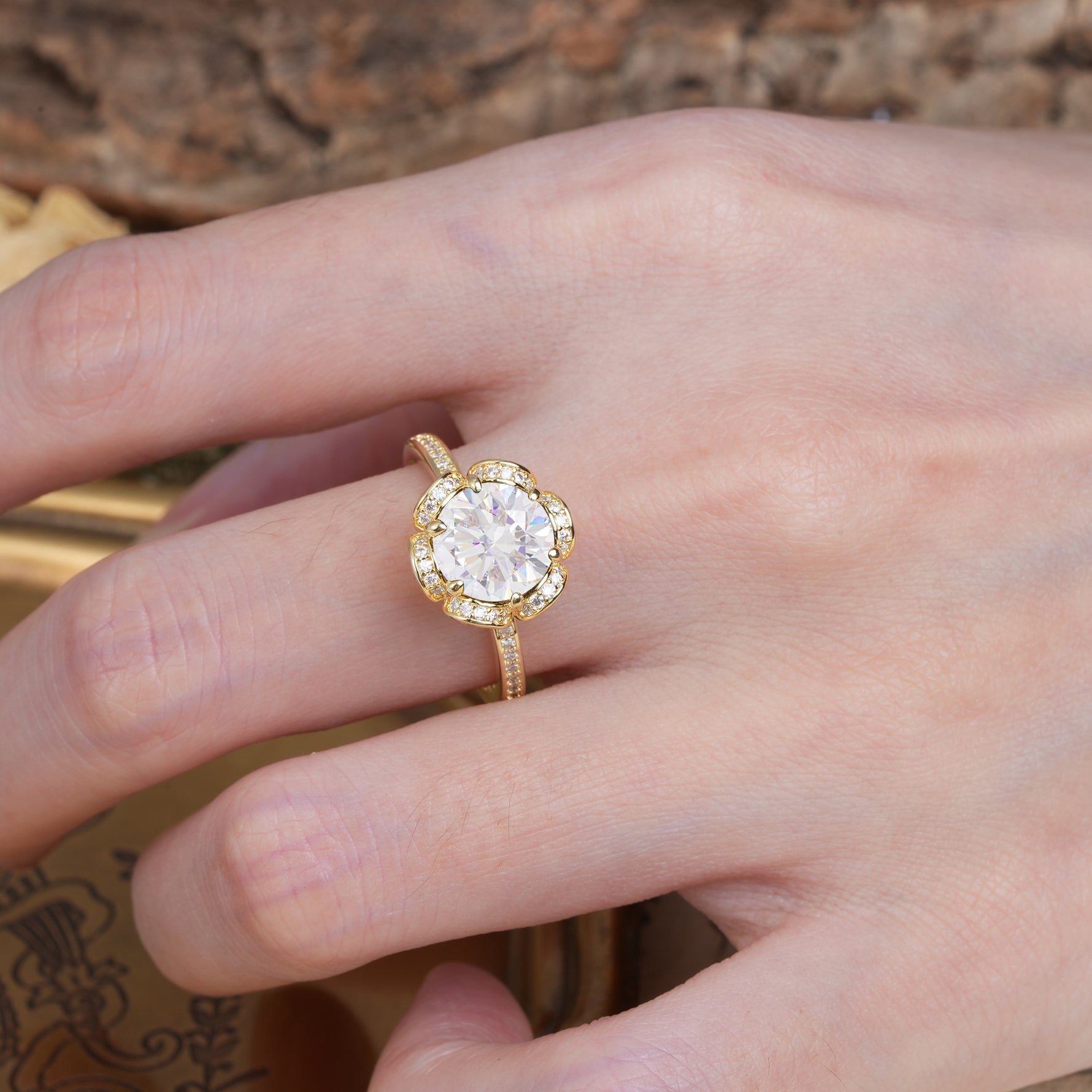 Nature-Inspired, Luxurious Floral Design, 6-Prong Round Cut Moissanite Engagement Ring - Additional view