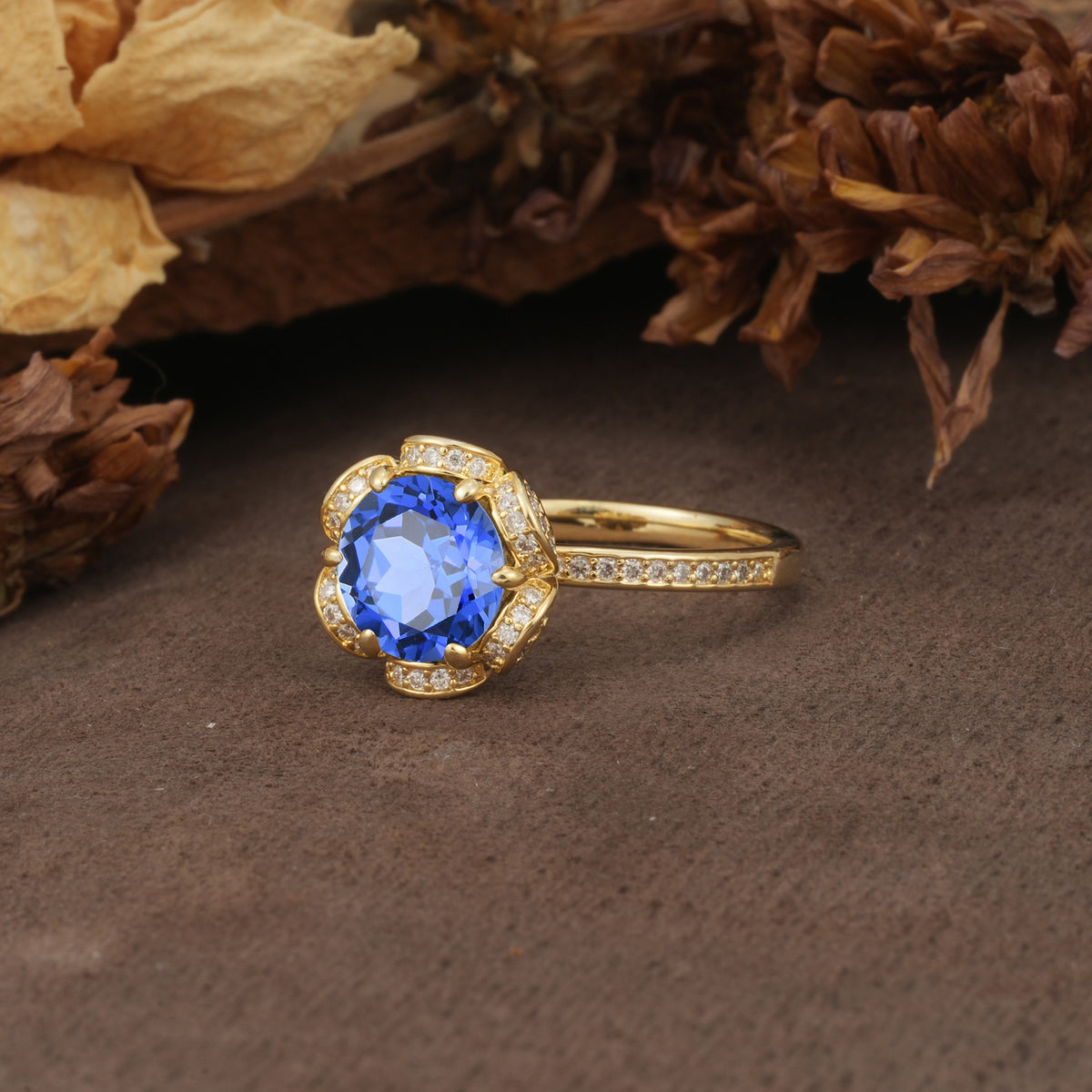 Nature-Inspired, Luxurious Floral Design, 6-Prong Round Cut Sapphire Engagement Ring - Additional view