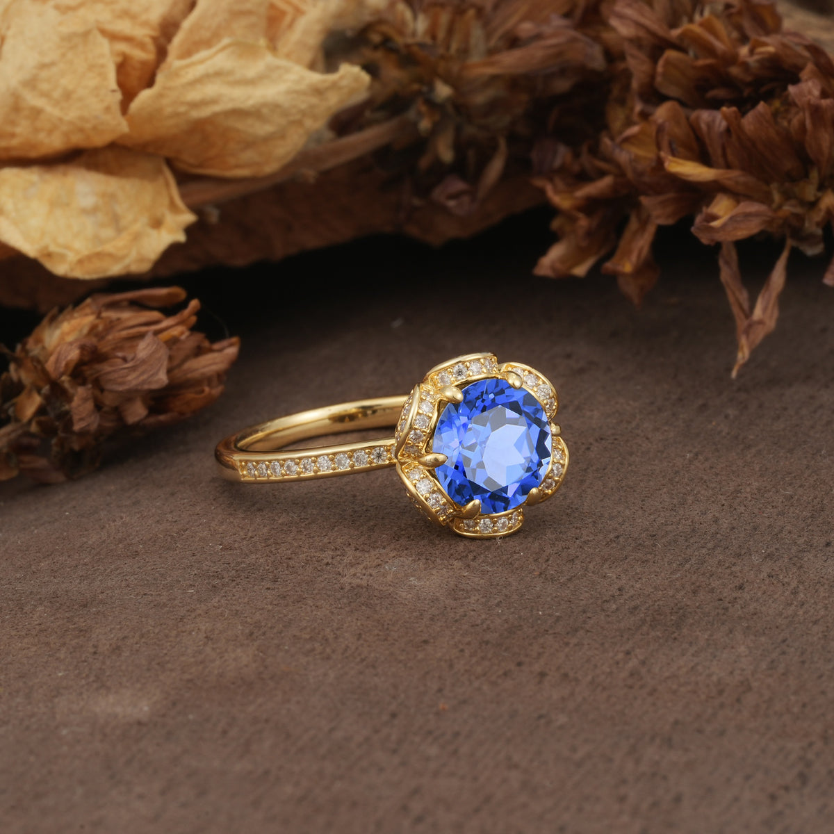 Nature-Inspired, Luxurious Floral Design, 6-Prong Round Cut Sapphire Engagement Ring - Additional view