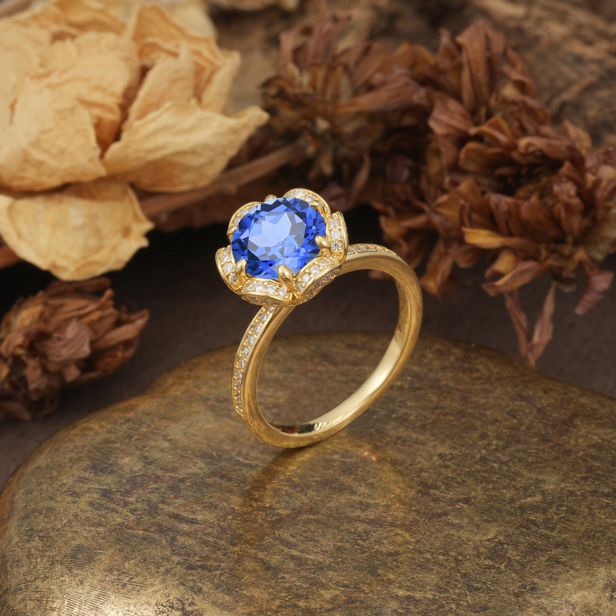 Nature-Inspired, Luxurious Floral Design, 6-Prong Round Cut Sapphire Engagement Ring - Additional view