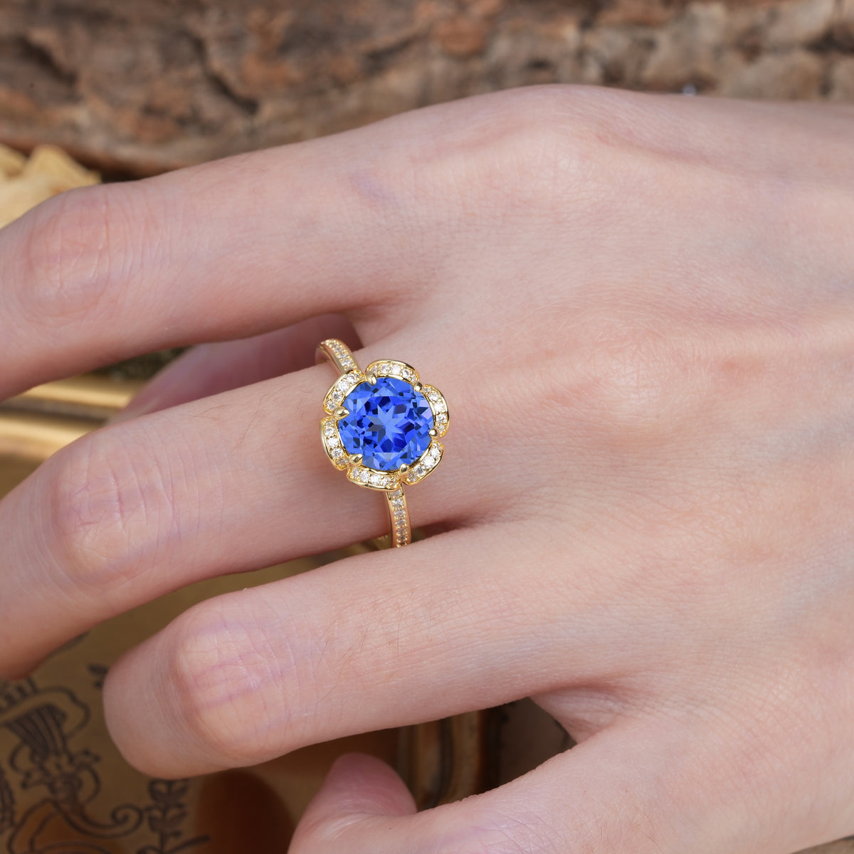 Nature-Inspired, Luxurious Floral Design, 6-Prong Round Cut Sapphire Engagement Ring - Additional view