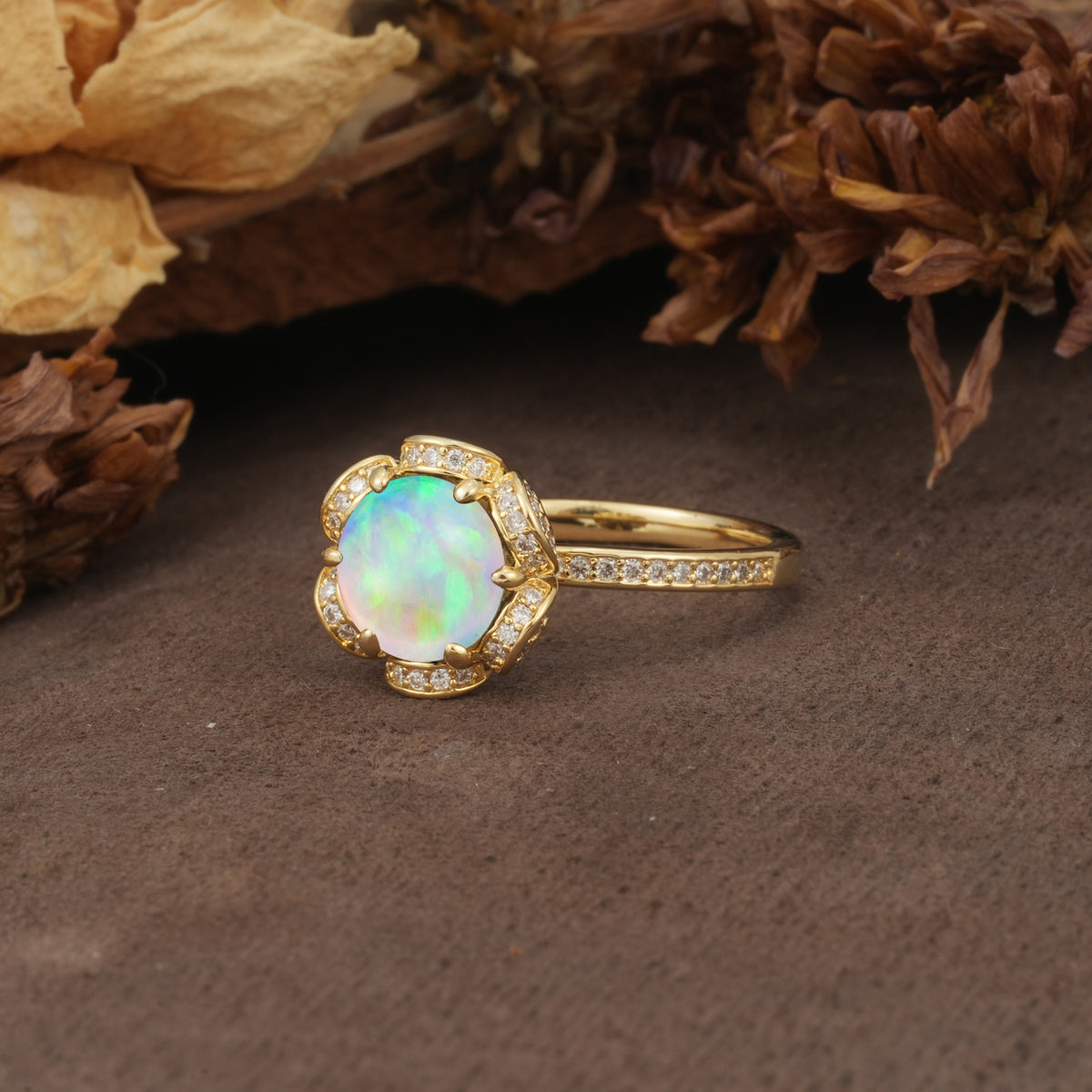 Nature-Inspired, Luxurious Floral Design, 6-Prong Round Cut Fire Opal Engagement Ring - Additional view