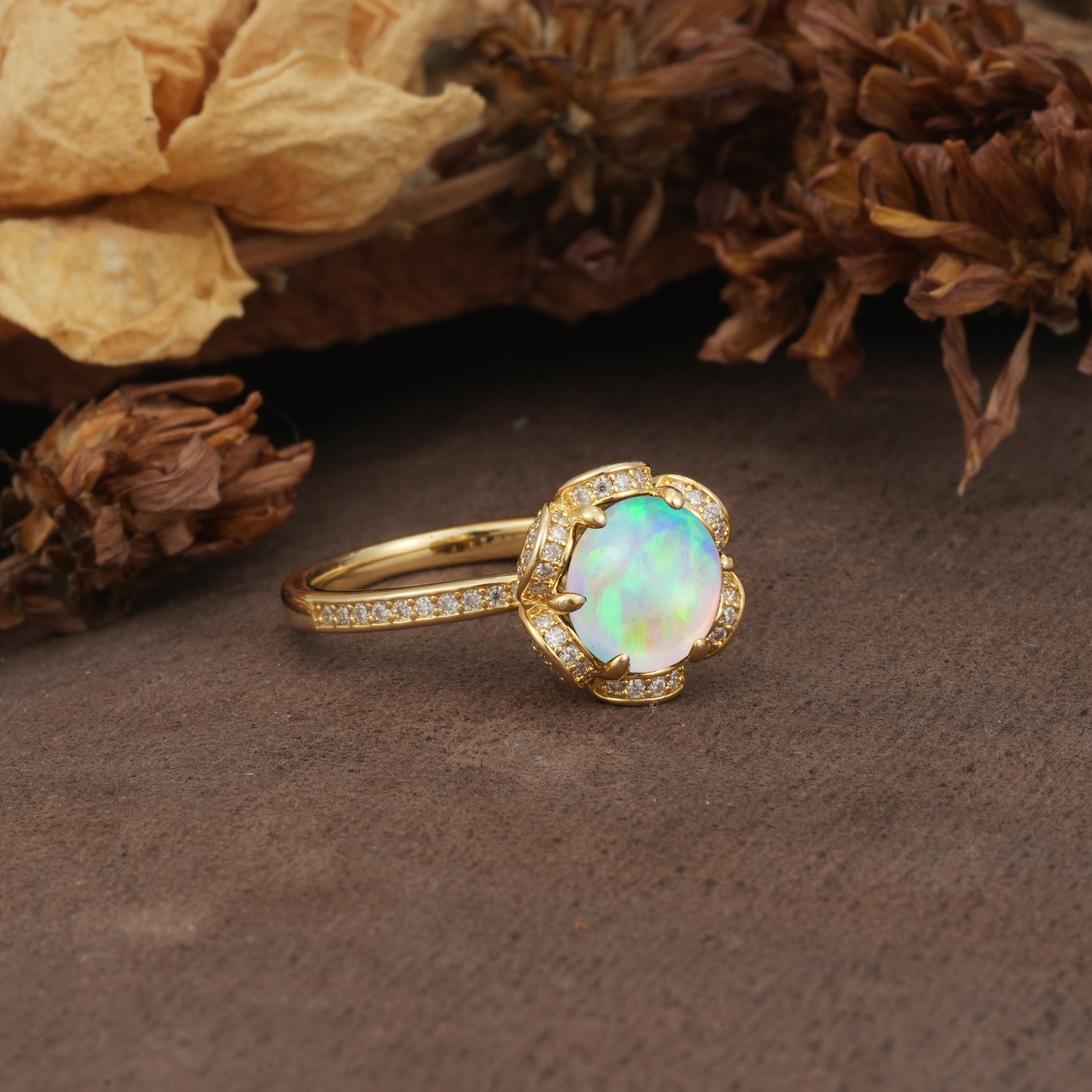 Nature-Inspired, Luxurious Floral Design, 6-Prong Round Cut Fire Opal Engagement Ring - Additional view
