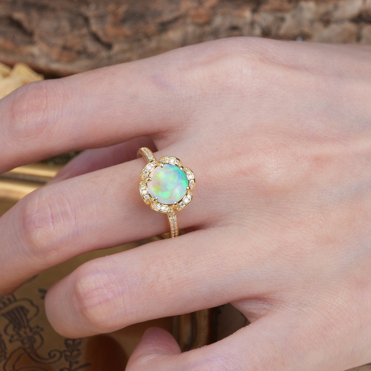 Nature-Inspired, Luxurious Floral Design, 6-Prong Round Cut Fire Opal Engagement Ring - Additional view