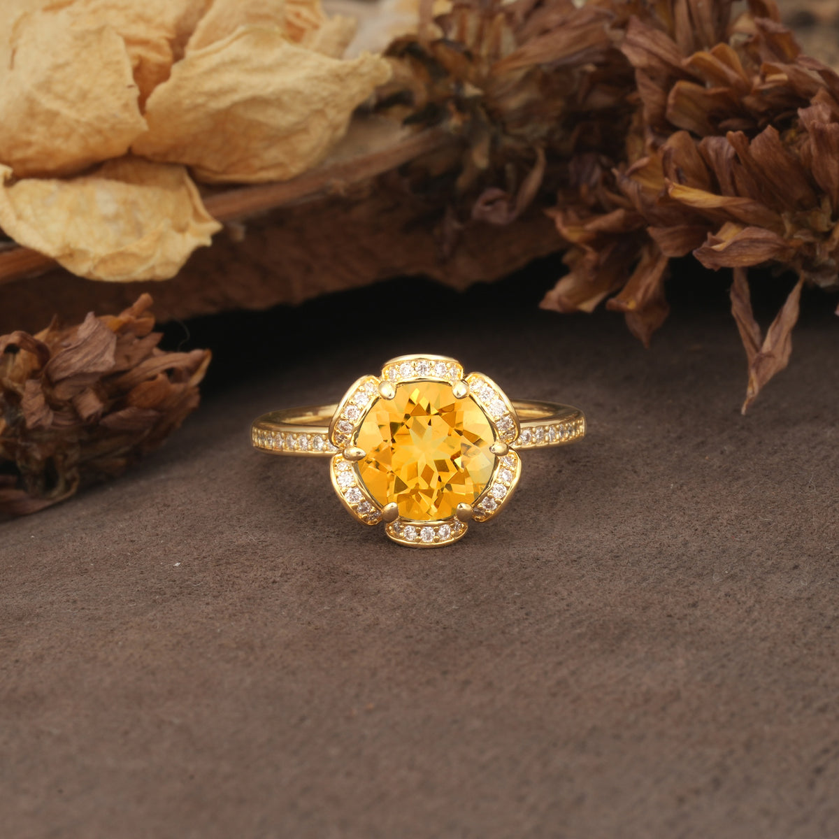 Nature-Inspired, Luxurious Floral Design, 6-Prong Round Cut Citrine Engagement Ring - Additional view