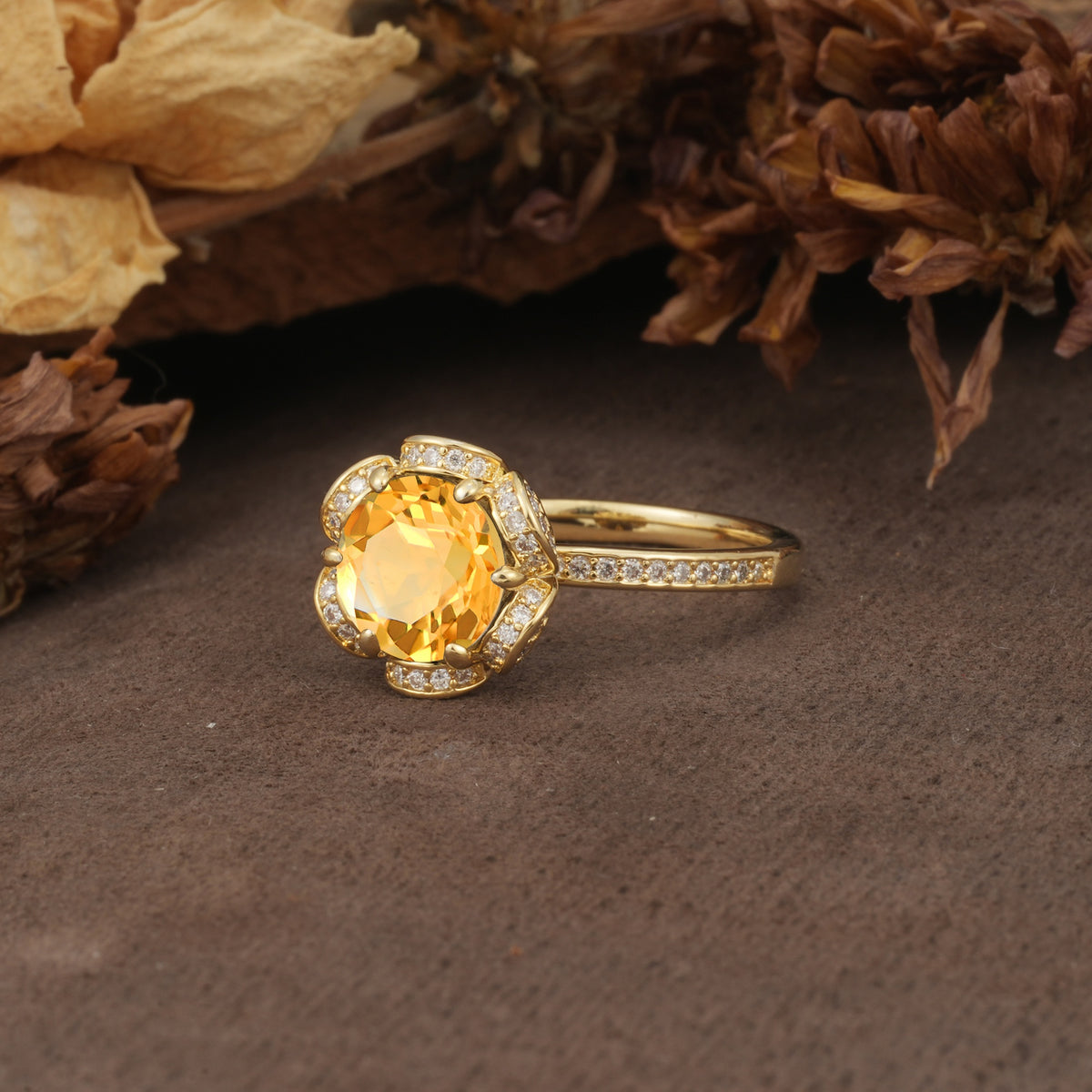 Nature-Inspired, Luxurious Floral Design, 6-Prong Round Cut Citrine Engagement Ring - Additional view
