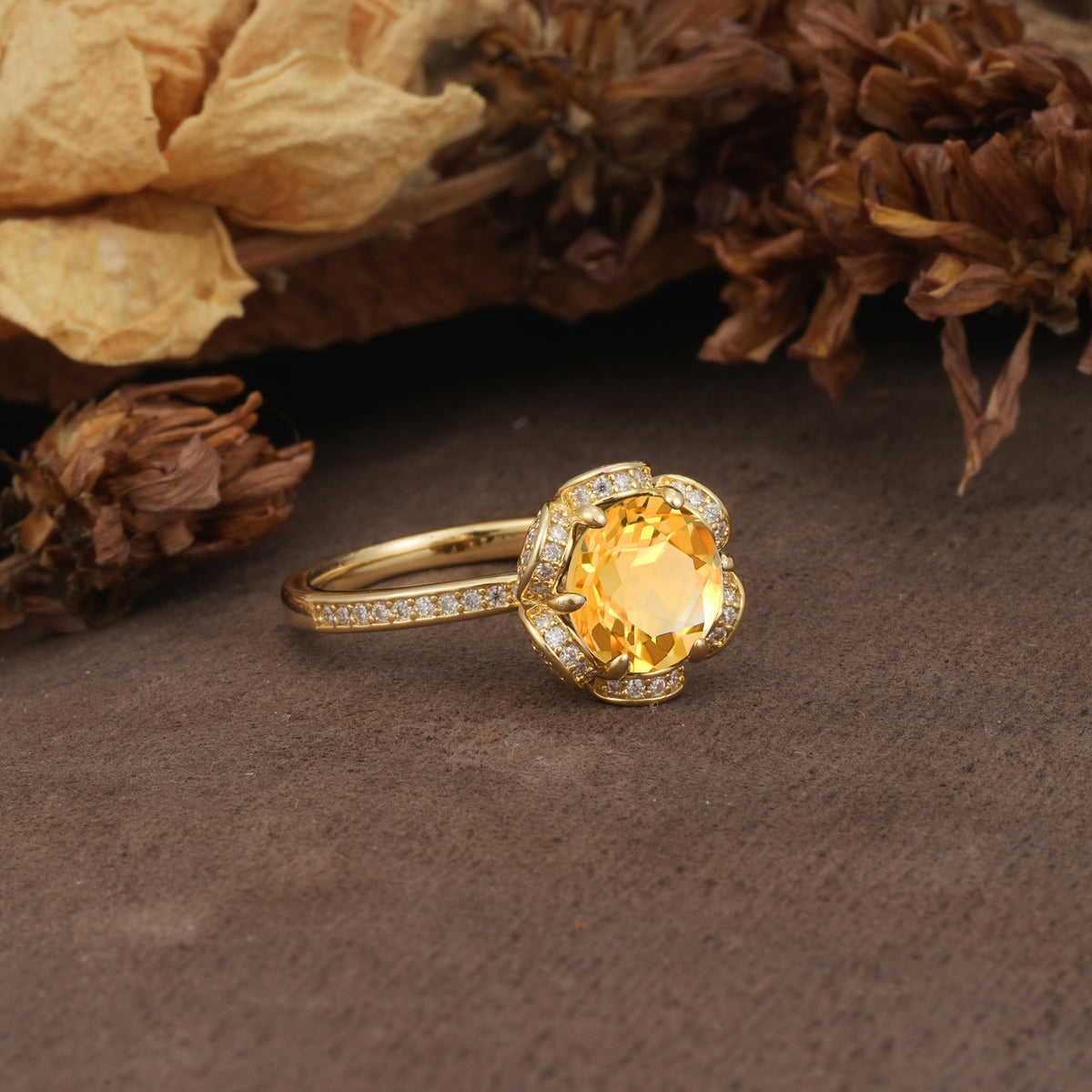 Nature-Inspired, Luxurious Floral Design, 6-Prong Round Cut Citrine Engagement Ring - Additional view