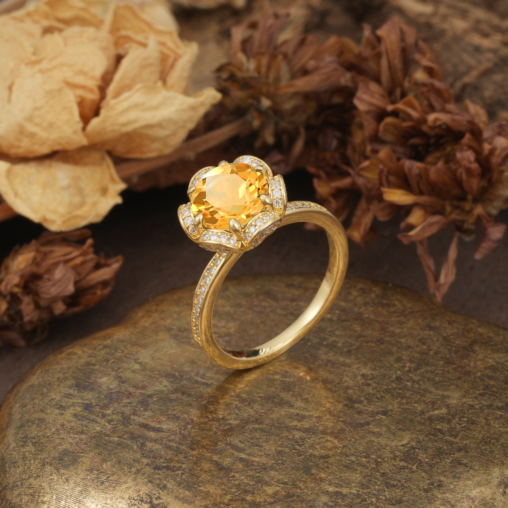 Nature-Inspired, Luxurious Floral Design, 6-Prong Round Cut Citrine Engagement Ring - Additional view