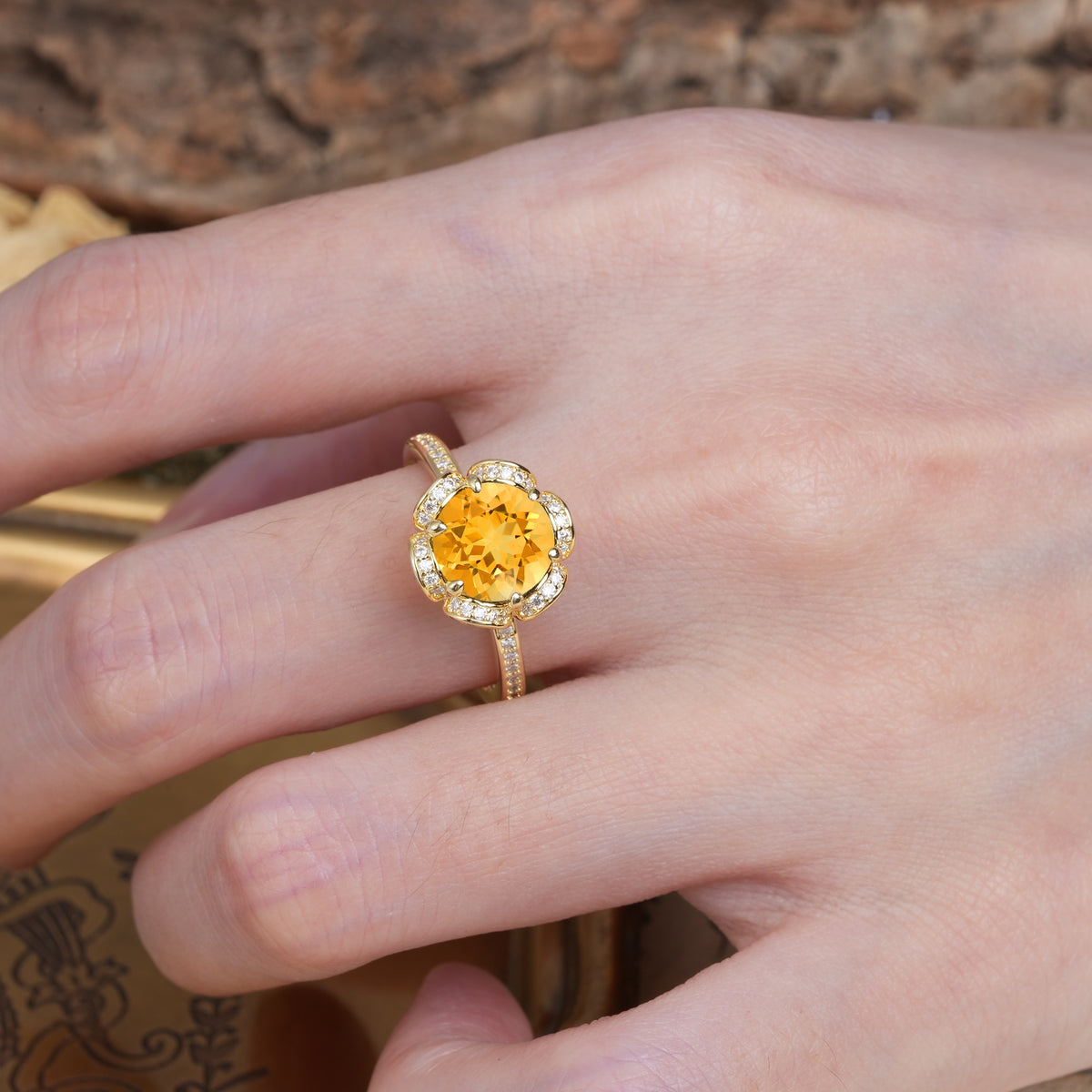 Nature-Inspired, Luxurious Floral Design, 6-Prong Round Cut Citrine Engagement Ring - Additional view
