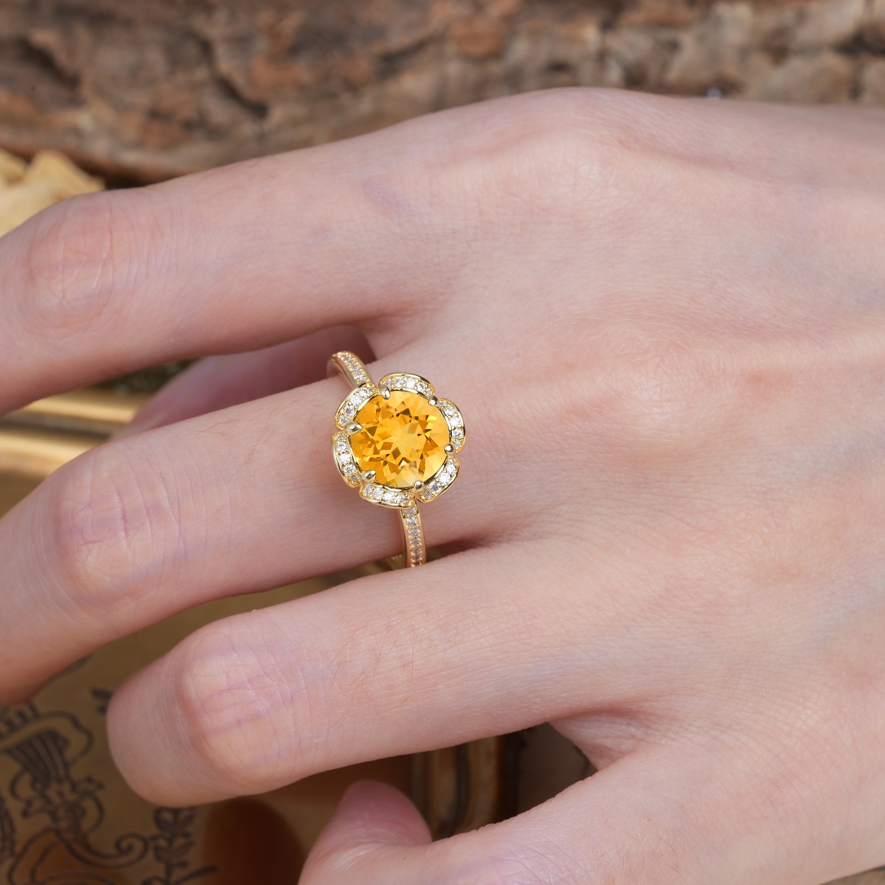 Nature-Inspired, Luxurious Floral Design, 6-Prong Round Cut Citrine Engagement Ring - Additional view