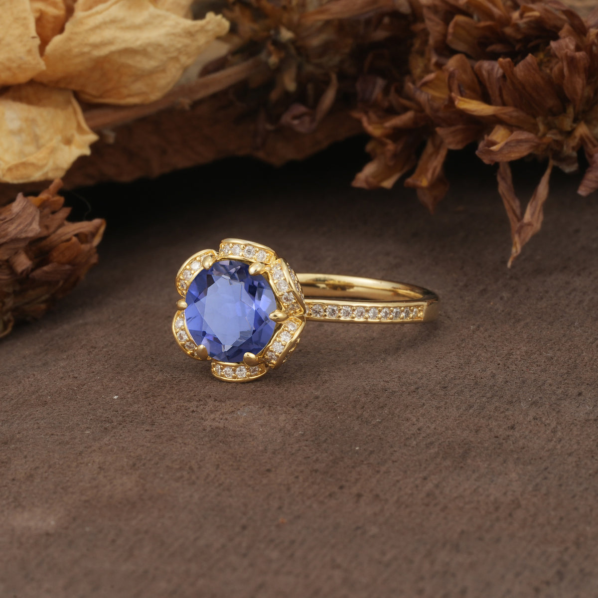 Nature-Inspired, Luxurious Floral Design, 6-Prong Round Cut Tanzanite Engagement Ring - Additional view