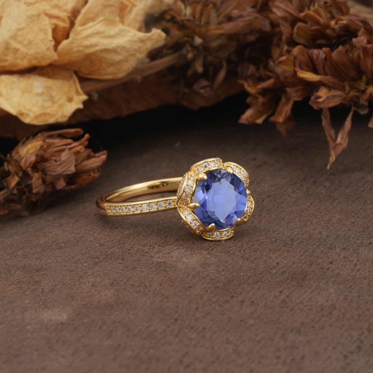 Nature-Inspired, Luxurious Floral Design, 6-Prong Round Cut Tanzanite Engagement Ring - Additional view