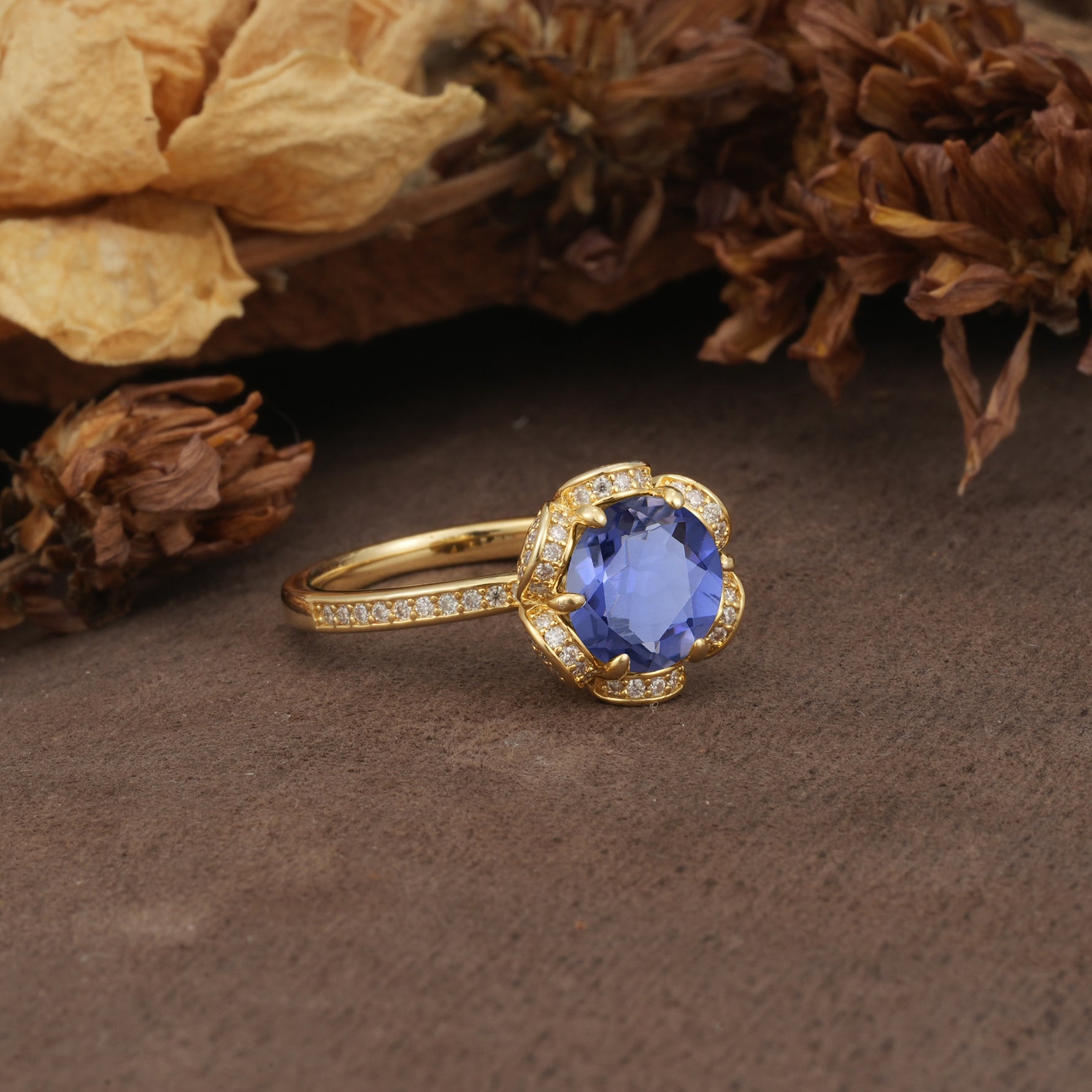 Nature-Inspired, Luxurious Floral Design, 6-Prong Round Cut Tanzanite Engagement Ring - Additional view