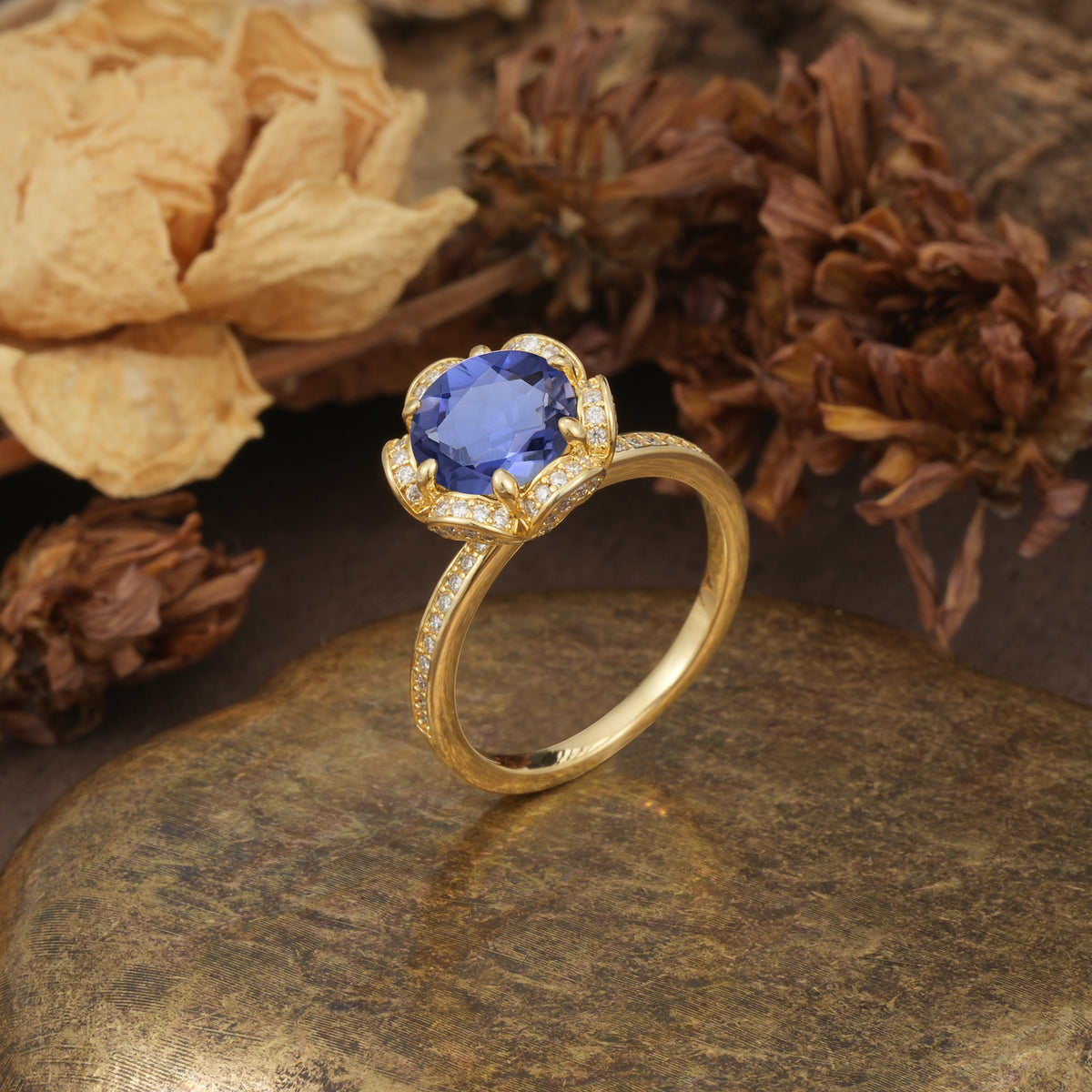 Nature-Inspired, Luxurious Floral Design, 6-Prong Round Cut Tanzanite Engagement Ring - Additional view