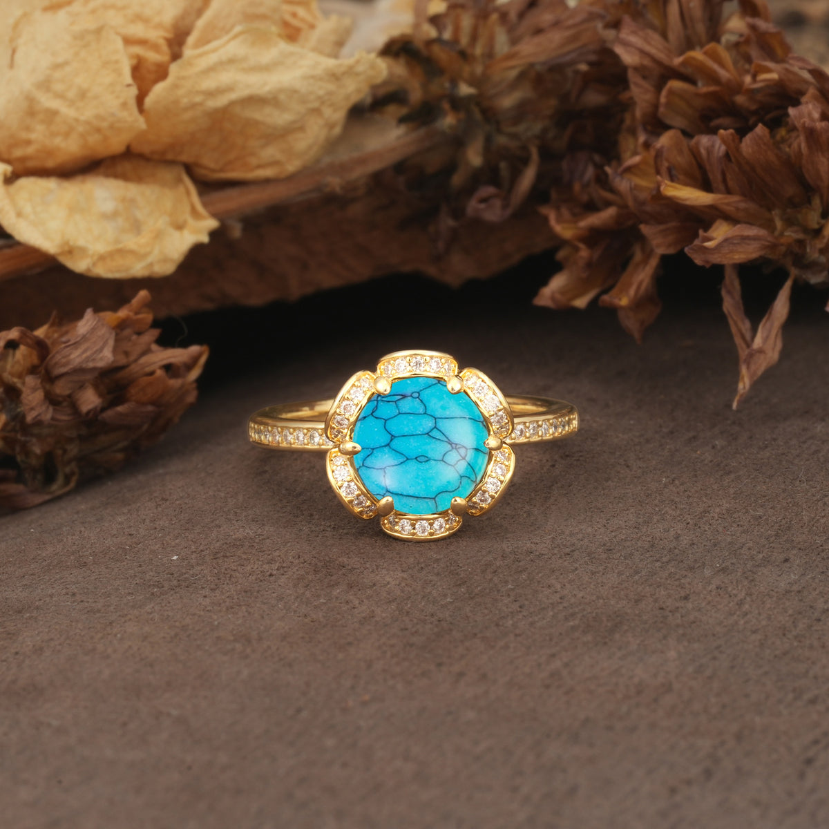 Nature-Inspired, Luxurious Floral Design, 6-Prong Round Cut Turquoise Engagement Ring - Additional view