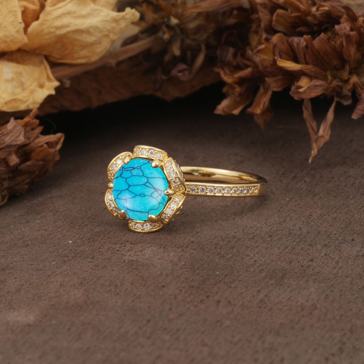 Nature-Inspired, Luxurious Floral Design, 6-Prong Round Cut Turquoise Engagement Ring - Additional view