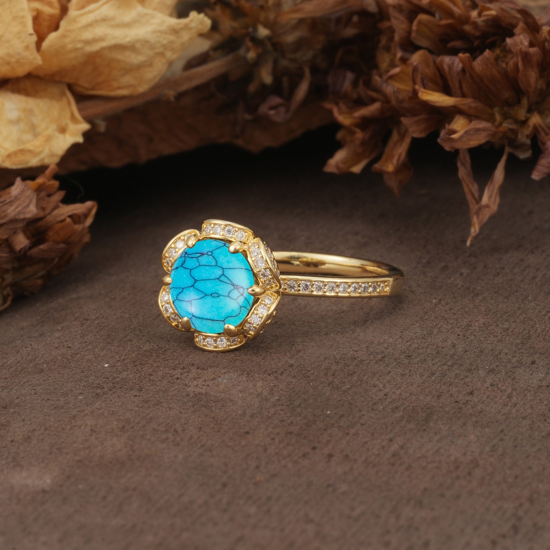 Nature-Inspired, Luxurious Floral Design, 6-Prong Round Cut Turquoise Engagement Ring - Additional view