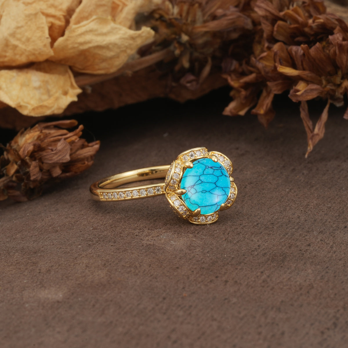 Nature-Inspired, Luxurious Floral Design, 6-Prong Round Cut Turquoise Engagement Ring - Additional view