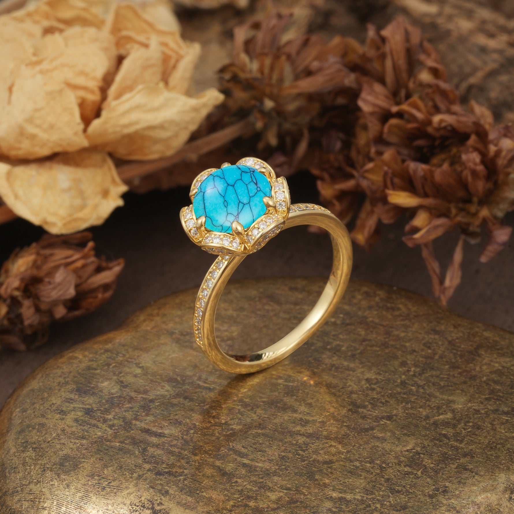 Nature-Inspired, Luxurious Floral Design, 6-Prong Round Cut Turquoise Engagement Ring - Additional view
