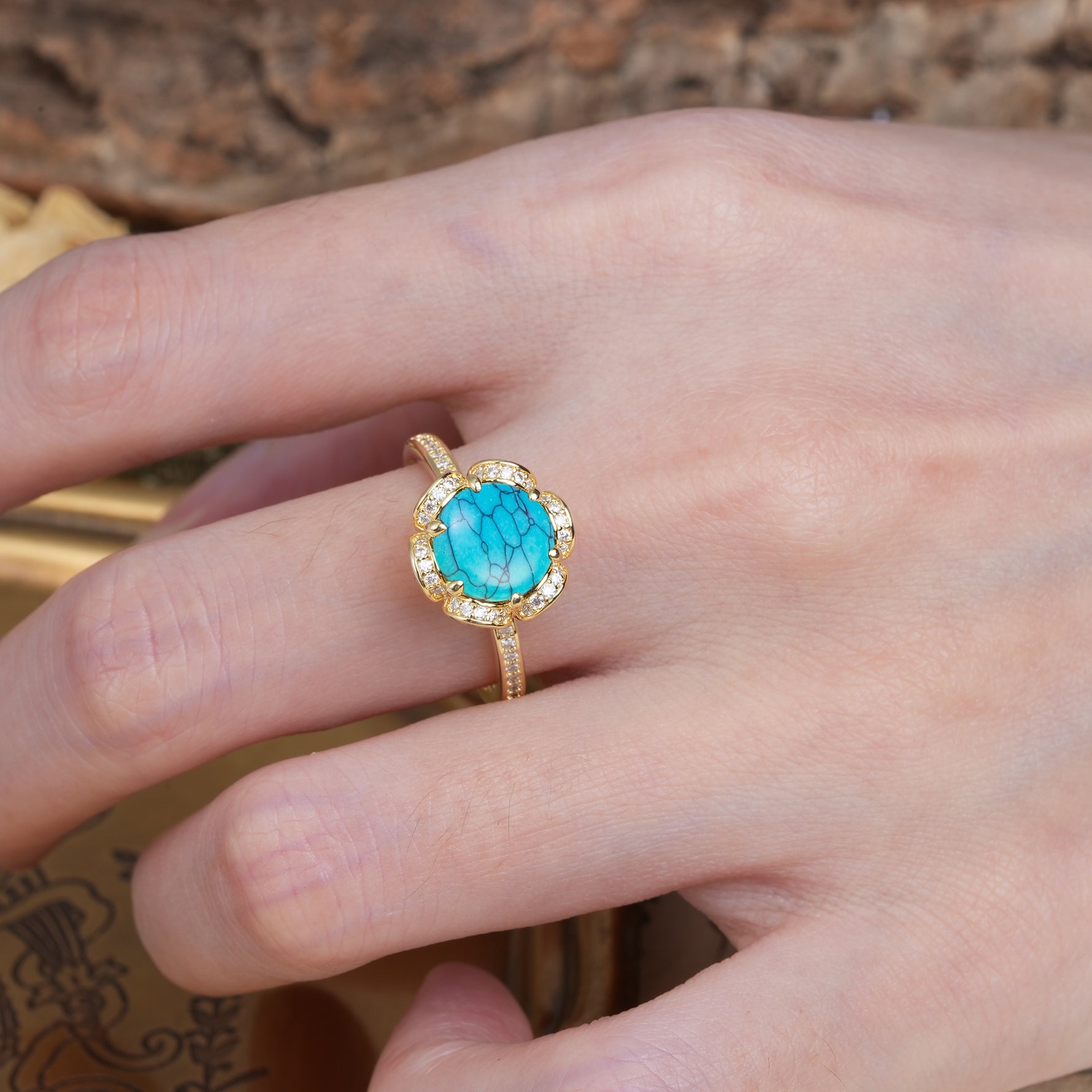 Nature-Inspired, Luxurious Floral Design, 6-Prong Round Cut Turquoise Engagement Ring - Additional view