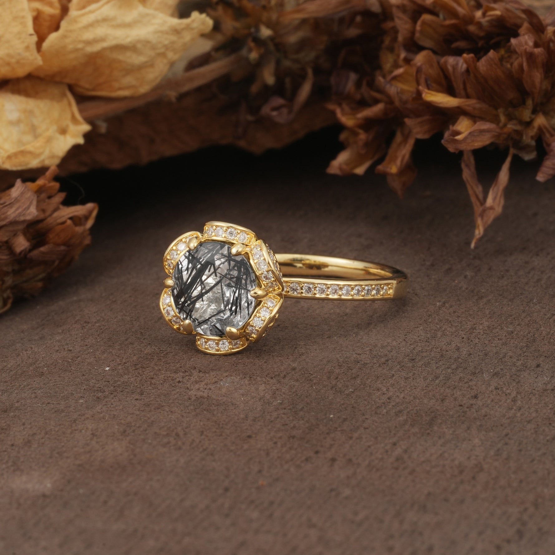 Nature-Inspired, Luxurious Floral Design, 6-Prong Round Cut Black Rutilated Quartz Engagement Ring - Additional view