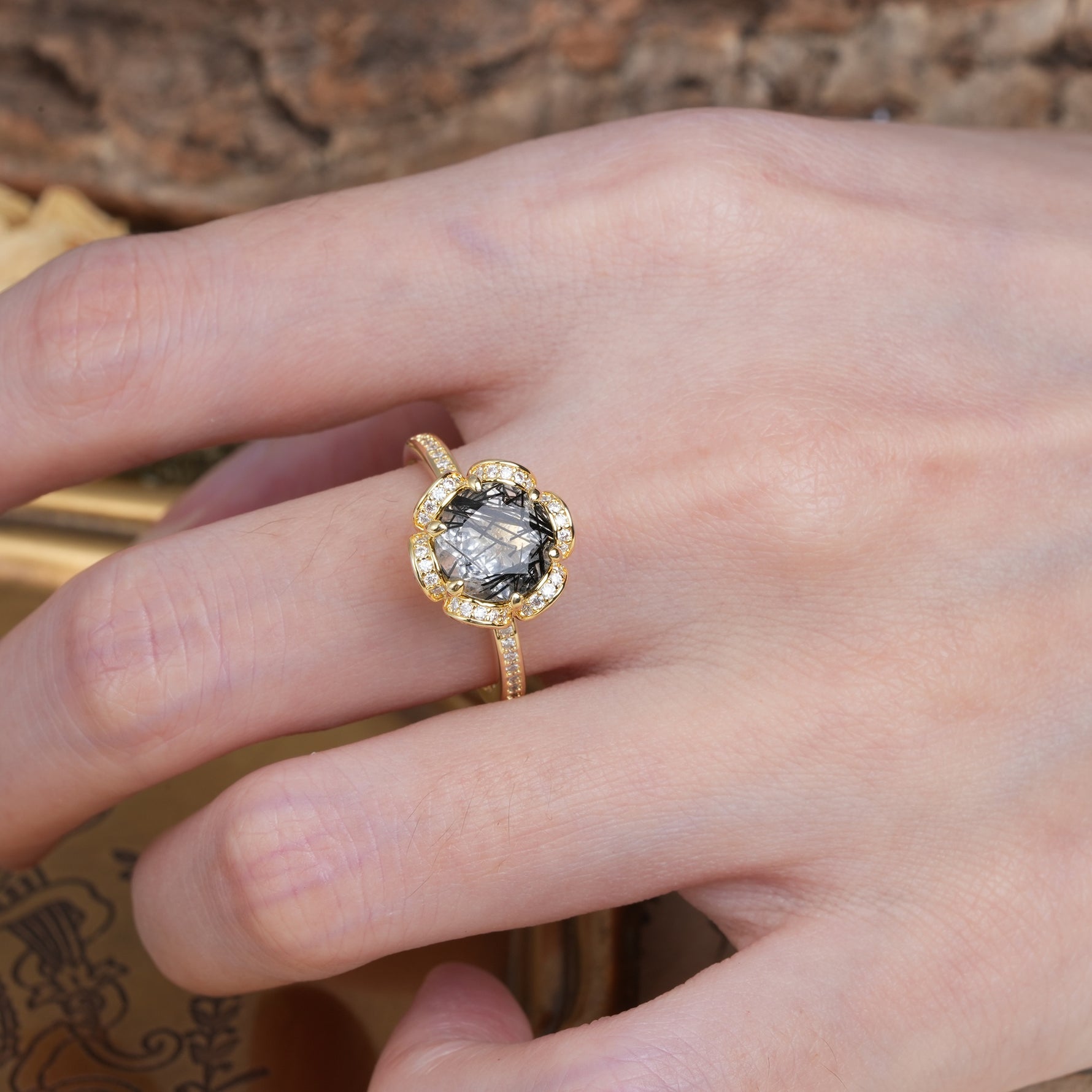 Nature-Inspired, Luxurious Floral Design, 6-Prong Round Cut Black Rutilated Quartz Engagement Ring - Additional view