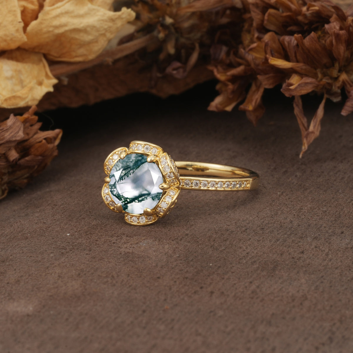 Nature-Inspired, Luxurious Floral Design, 6-Prong Round Cut Moss Agate Engagement Ring - Additional view