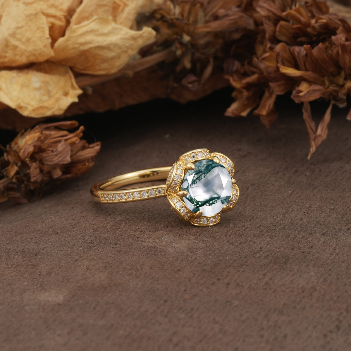 Nature-Inspired, Luxurious Floral Design, 6-Prong Round Cut Moss Agate Engagement Ring - Additional view