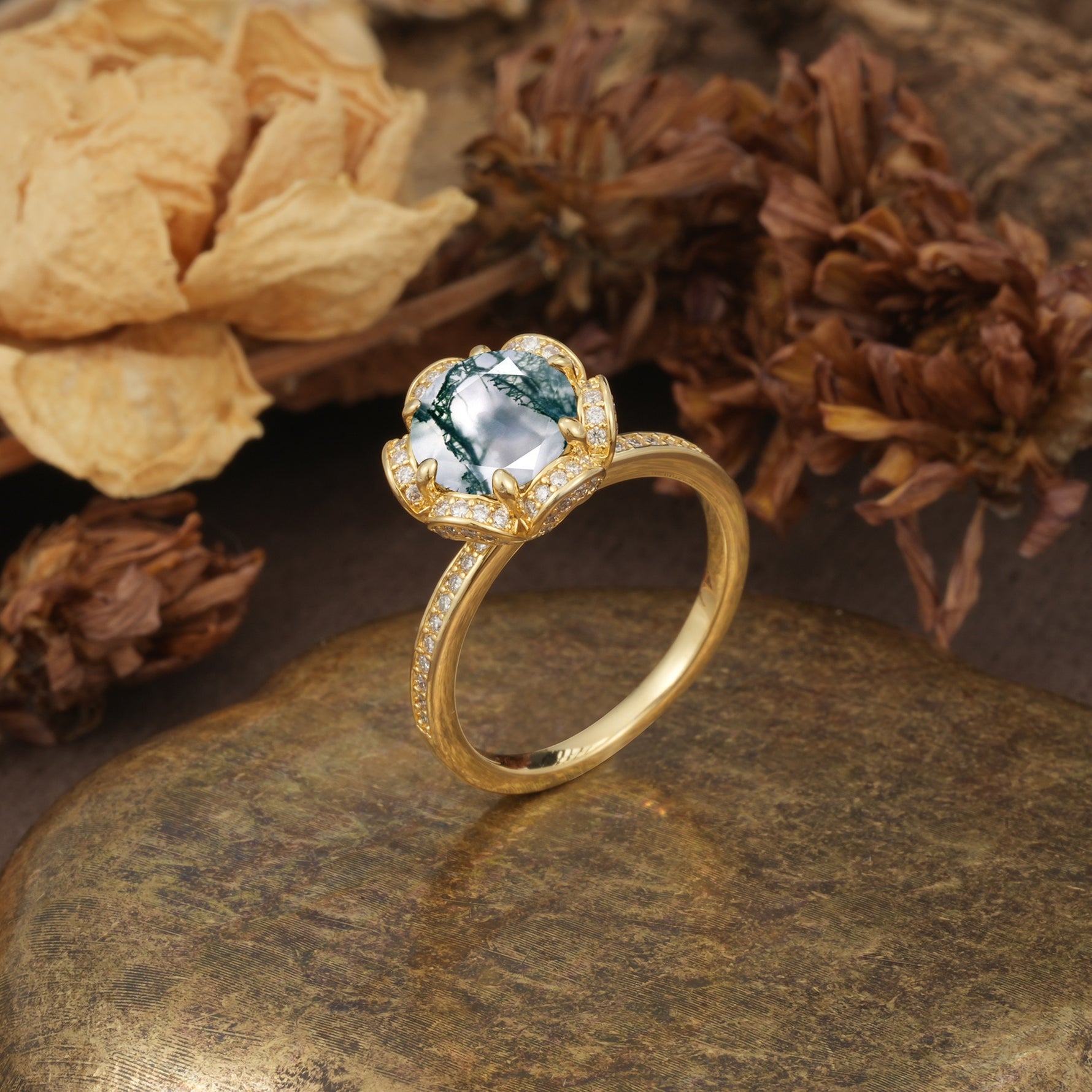 Nature-Inspired, Luxurious Floral Design, 6-Prong Round Cut Moss Agate Engagement Ring - Additional view