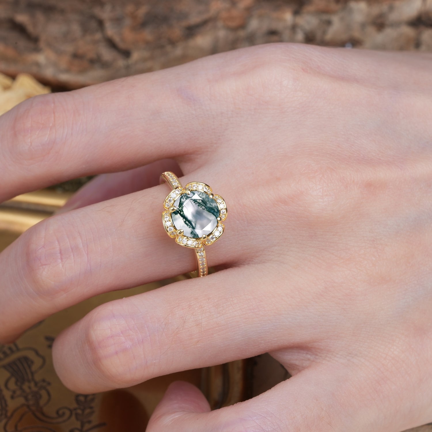 Nature-Inspired, Luxurious Floral Design, 6-Prong Round Cut Moss Agate Engagement Ring - Additional view