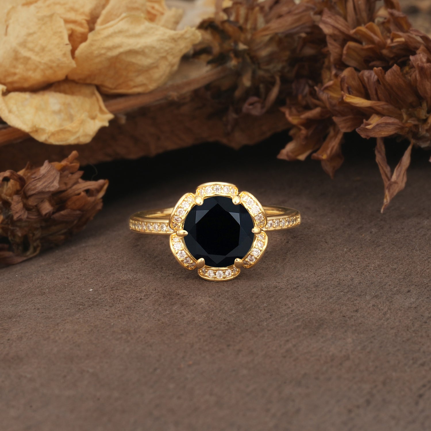 Nature-Inspired, Luxurious Floral Design, 6-Prong Round Cut Black Onyx Engagement Ring - Additional view