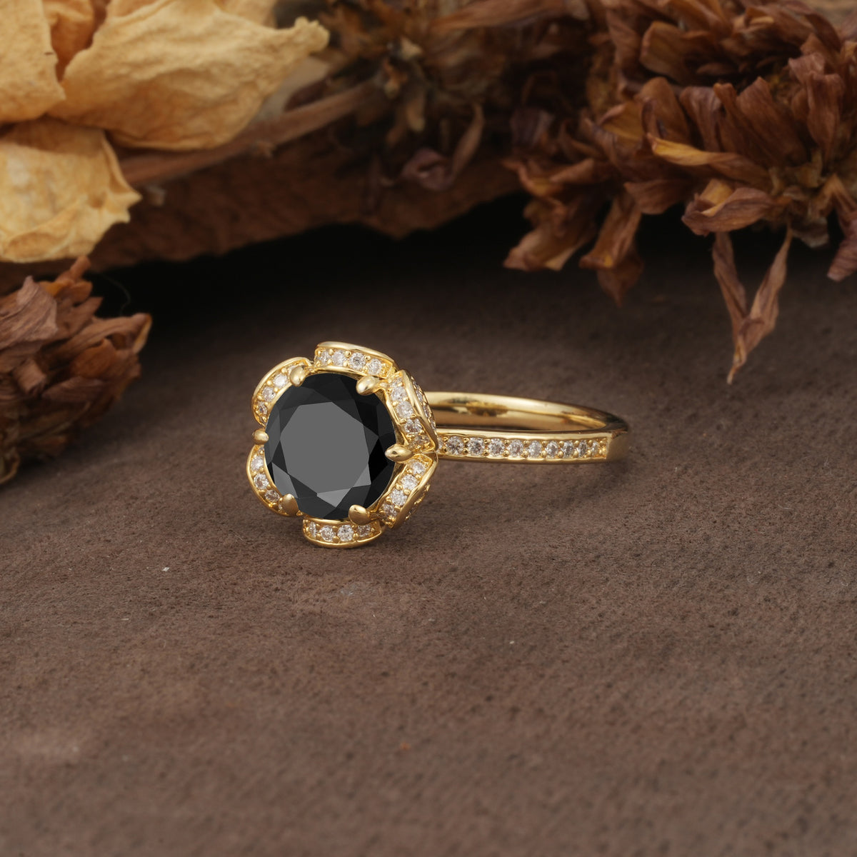 Nature-Inspired, Luxurious Floral Design, 6-Prong Round Cut Black Onyx Engagement Ring - Additional view
