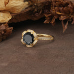 Nature-Inspired, Luxurious Floral Design, 6-Prong Round Cut Black Onyx Engagement Ring - Additional view