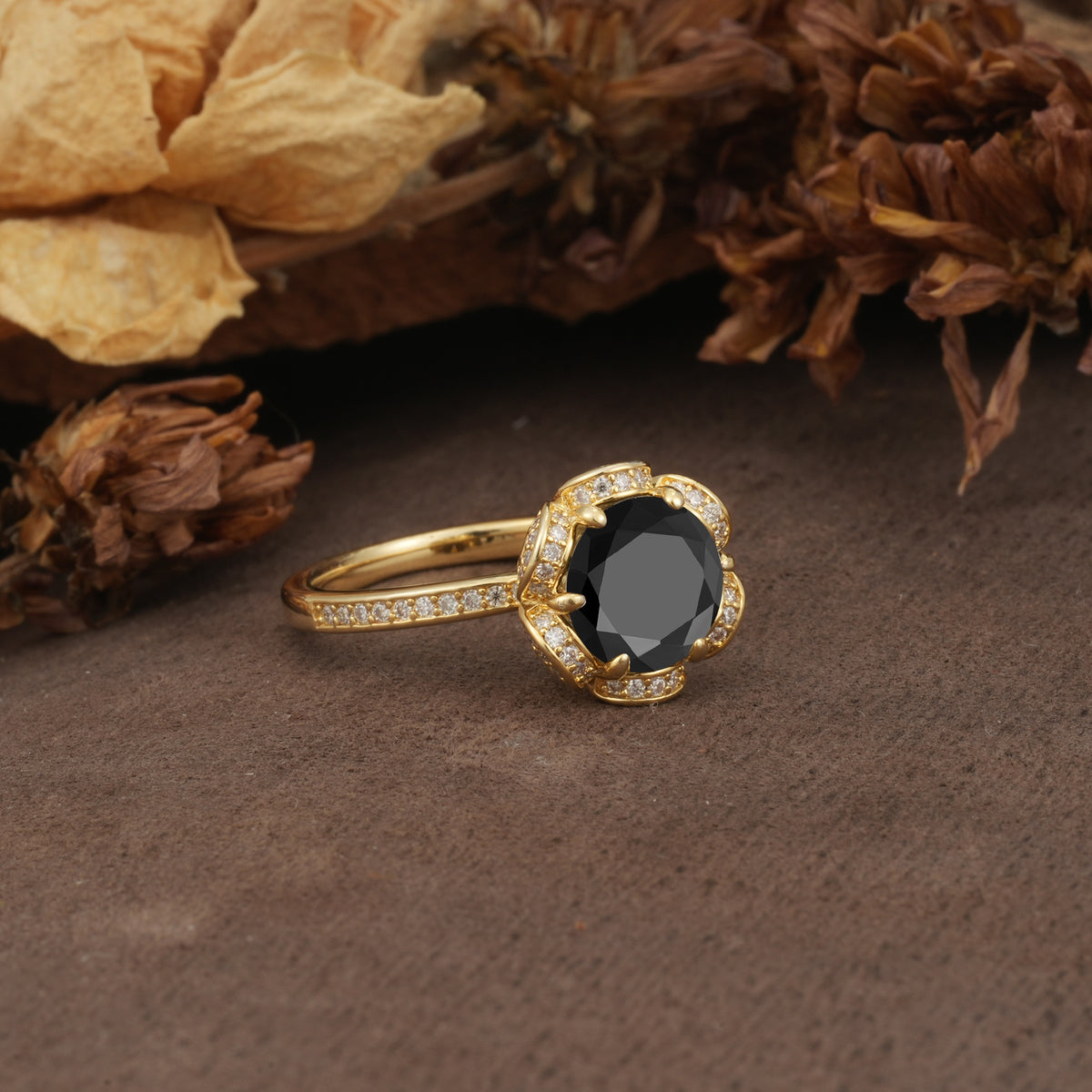 Nature-Inspired, Luxurious Floral Design, 6-Prong Round Cut Black Onyx Engagement Ring - Additional view