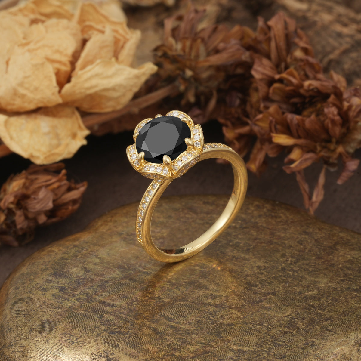 Nature-Inspired, Luxurious Floral Design, 6-Prong Round Cut Black Onyx Engagement Ring - Additional view