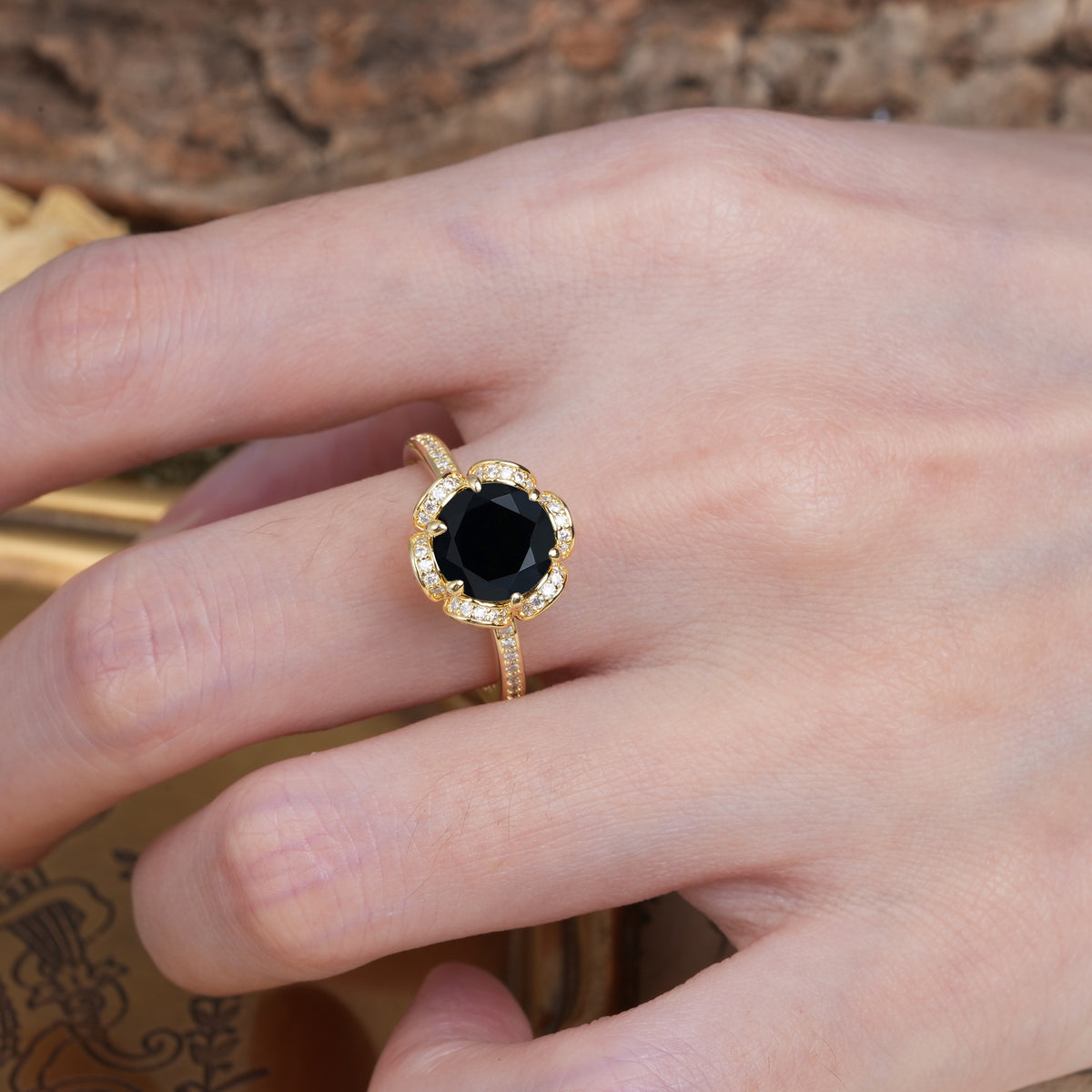 Nature-Inspired, Luxurious Floral Design, 6-Prong Round Cut Black Onyx Engagement Ring - Additional view